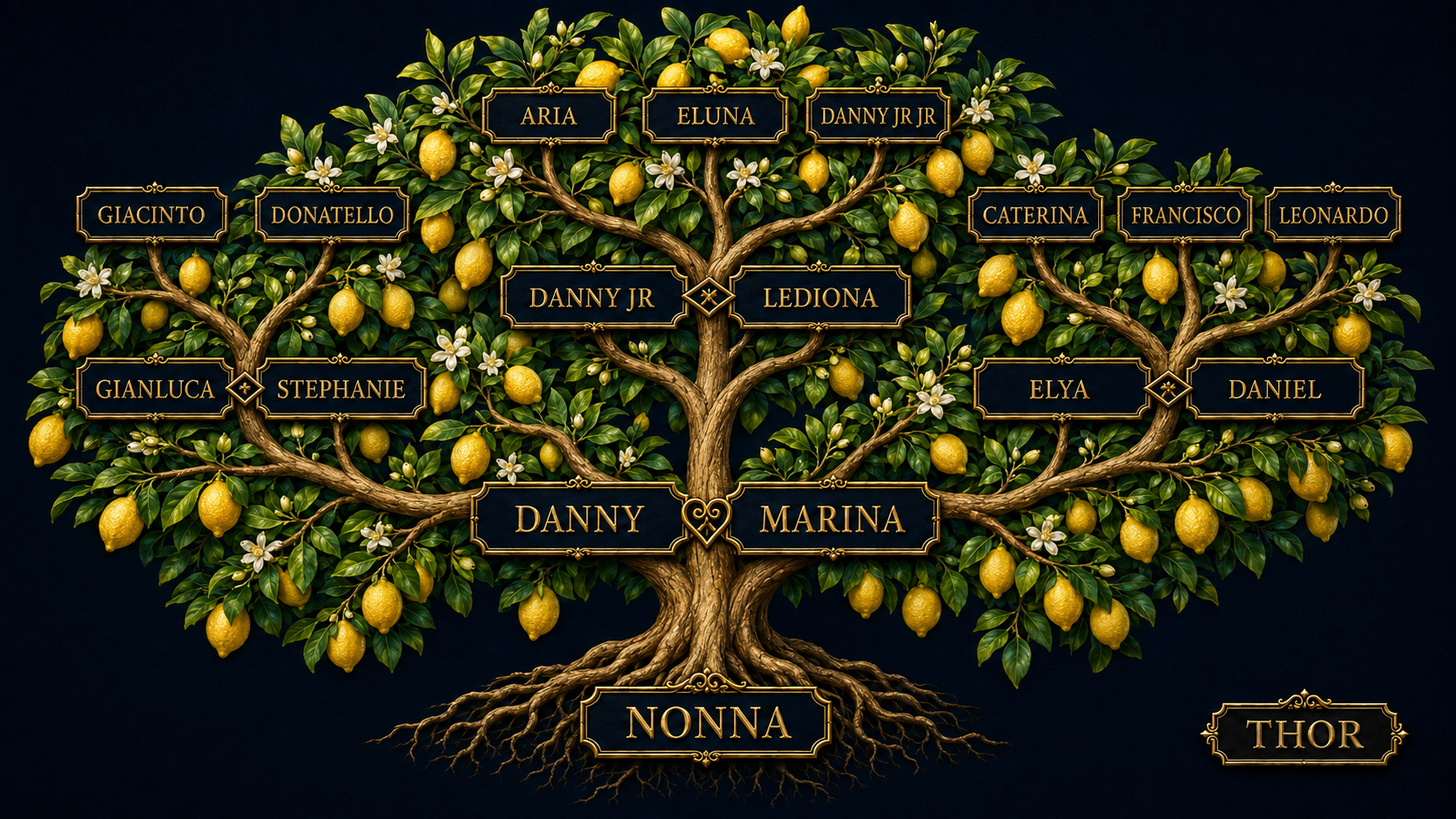 The family tree of Danny and Marina, showing their children, grandchildren, and extended family